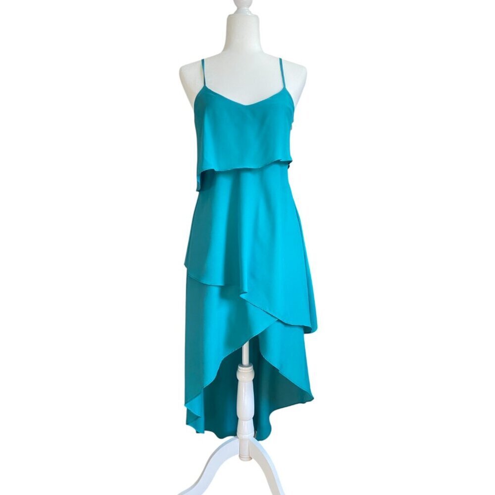 BCBG High Low Asymmetrical Tiered Maxi Dress Teal Size XS